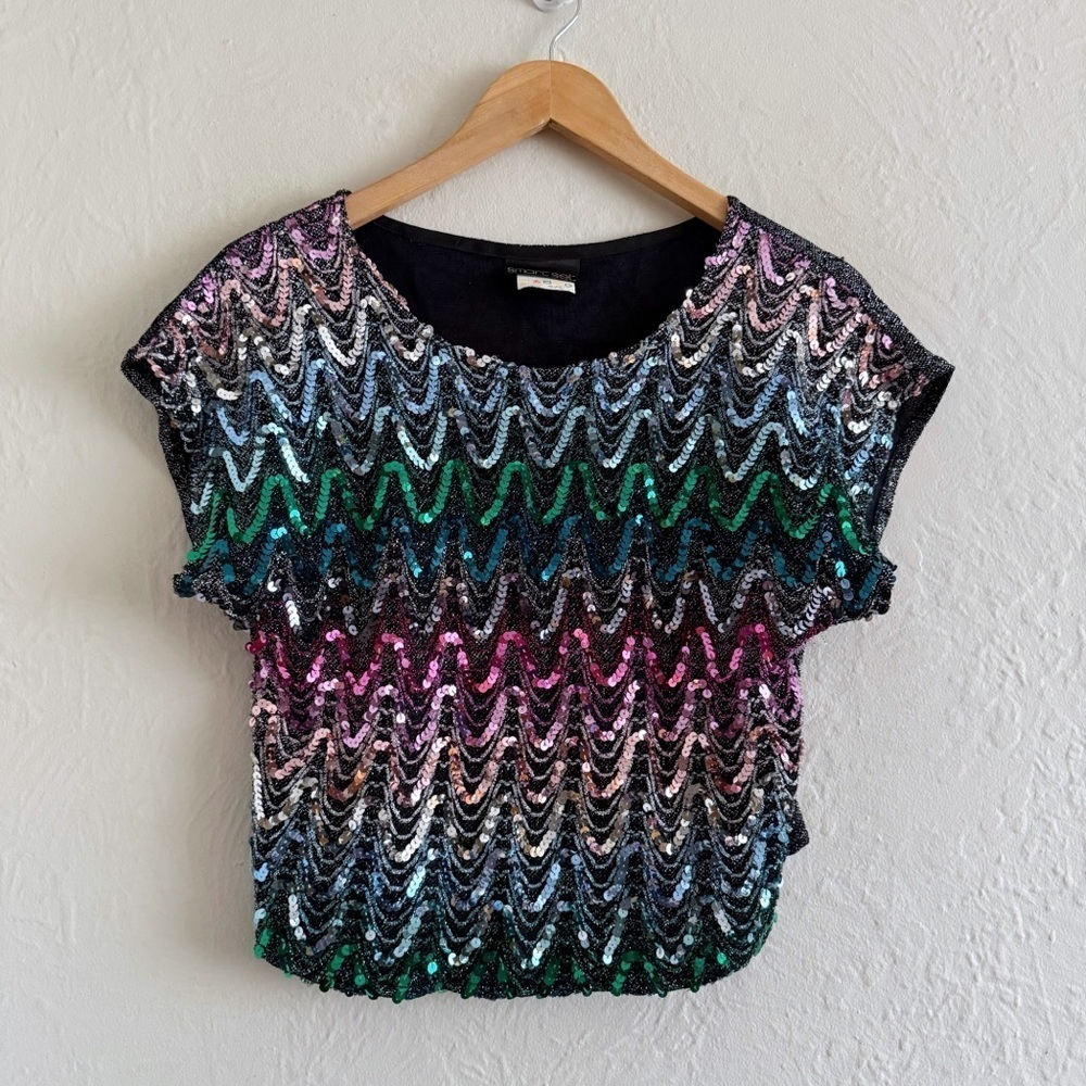 ⚡️10$ sale⚡️ Vintage 80s Rainbow Multicolor Metallic Sequin Top Size L